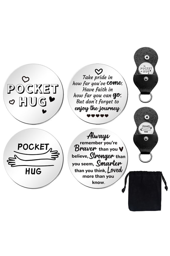 1bag Heart Engraved Stainless Steel Commemorative Decision Maker Coin set Pocket Hug Coin Inspirational Quote Coin with Imitation Leather Keychain Storage Pouch Word 25x25x2mm