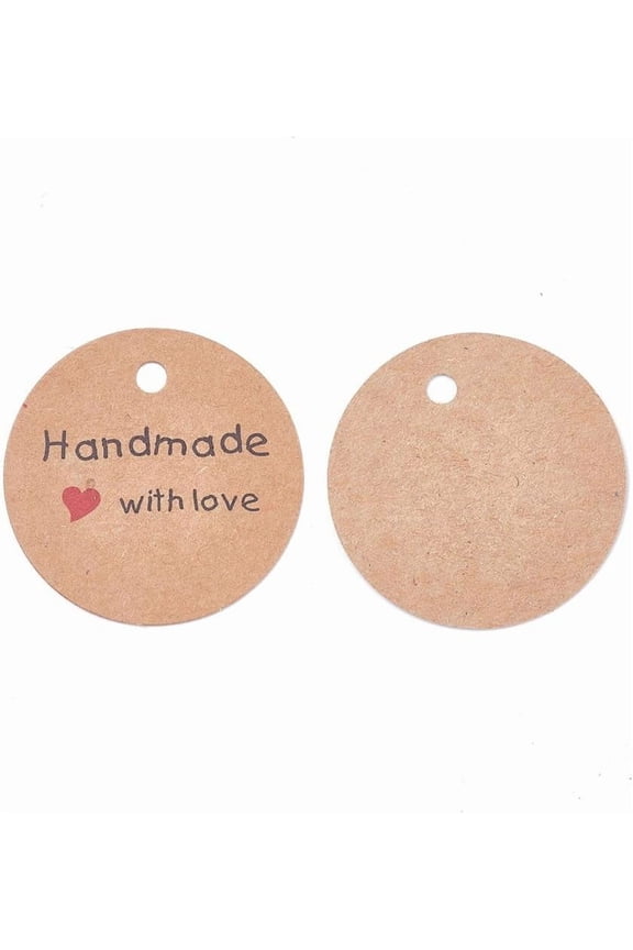 1bag Jewelry Display Kraft Paper Price Tags Round with Word Handmade with Love Sandy Brown 45x0.4mm Hole: 4.5mm about 50pcs/bag