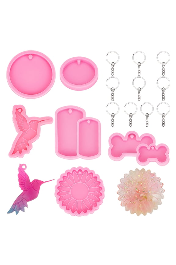 1bag Key Chain Silicone Molds Kits Including Resin Casting Molds Iron Keychain Ring Mixed Shape Fuchsia 6.5x0.8cm 1pc/bag
