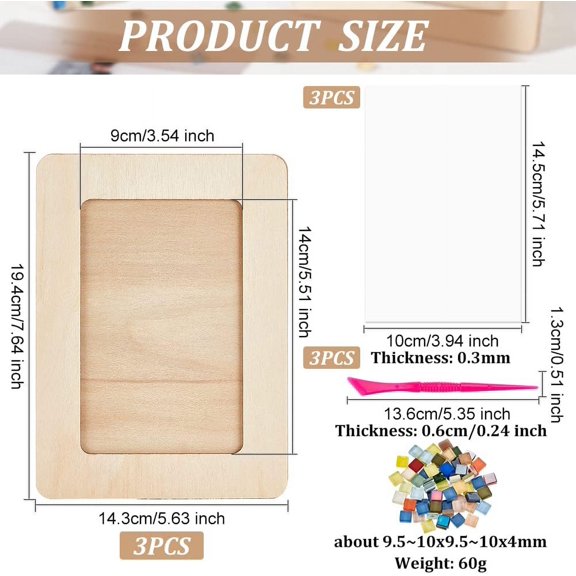 1bag Mosaic Photo Frame Making Kit Including Wood Rectangle Picture Frame PVC Picture Frame Hard sheet Plastic Sculpture Knifes Mosaic Glass Cabochons Mixed color 194x143mm