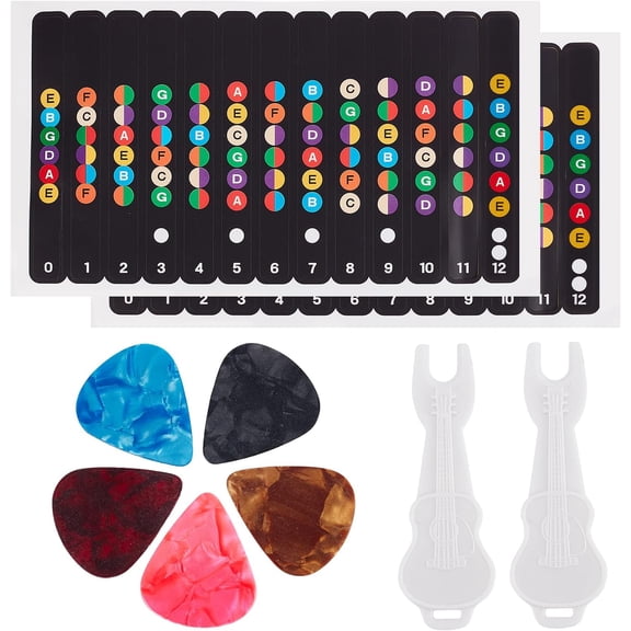 1bag Plastic Guitar Pick Nail Picker and Plastic Self-Adhesive Guitar Fretboard Note Map Sticker Labels Mixed color