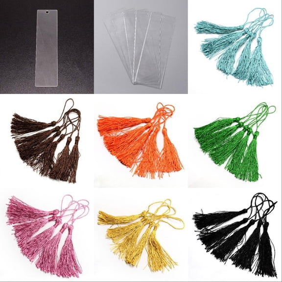 1bag Rectangle Blank Bookmark Making Kit Including Polyester Tassel Decorations Acrylic Bookmark PVC Pouches Mixed color 82pcs/bag