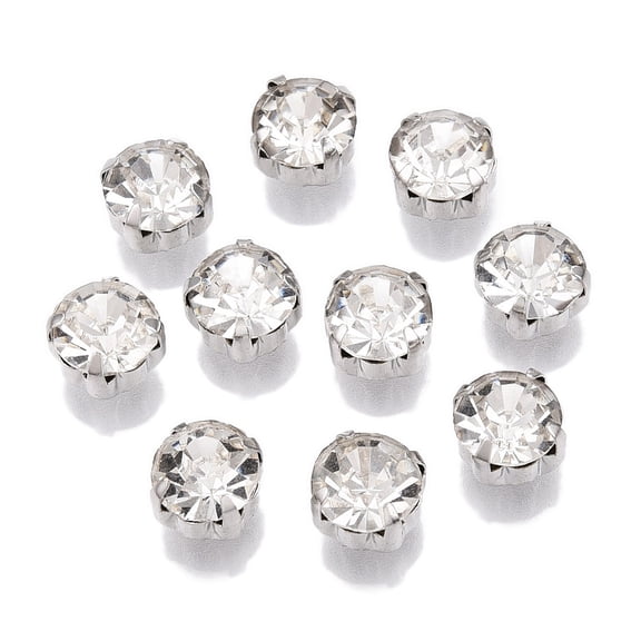 1bag Sew on Rhinestone Glass Rhinestone Montee Beads with Brass Prong Settings Garments Accessories Flat Round Platinum 8x6mm about 288pcs/bag