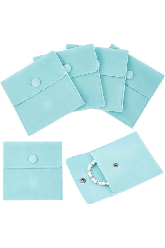 1bag Square Velvet Jewelry Bags with Snap Fastener Turquoise 10x10x1cm