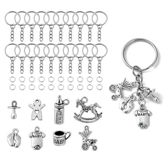 1bag Theme Keychain Making Kit Including Iron Split Key Rings Clothes & Feeding-bottle & Pram Pendants Jump Rings Antique Silver 160pcs/bag