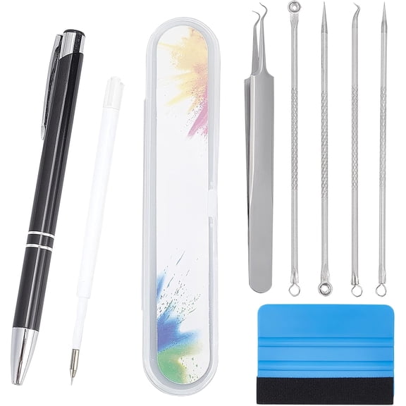 1bag Tool sets Including Stainless Steel Pimple Pin Tools set PP Plastic Scraper Iron Aerofluxus Pen Air Release Tool Portable Pen Stainless Steel color 7.3x10x0.7cm