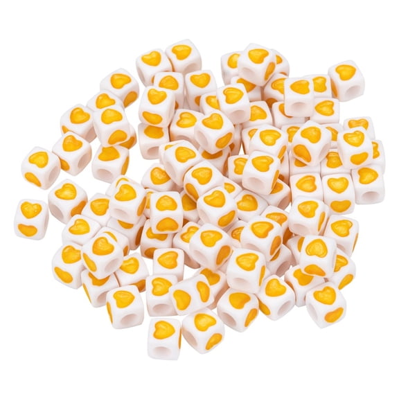 1bag White Opaque Acrylic European Beads Large Hole Cube Beads with Heart Pattern Yellow 7x7x7mm Hole: 4mm 100pcs/bag