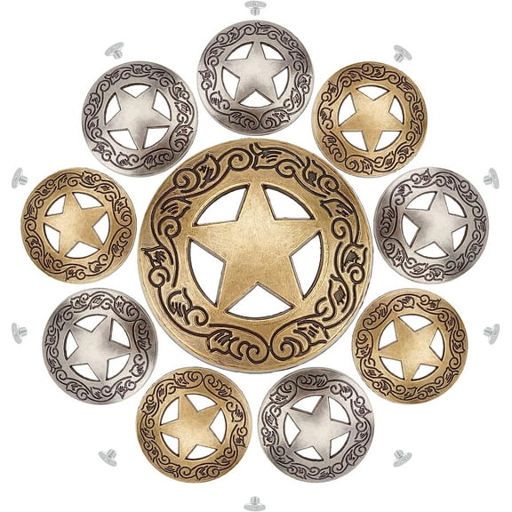 1box 1 Box 10 Sets Screw Back Button Engraved Star Concho Hollow Out Decorative Buttons Round Vintage Bronze and Silver Metal Tack Buckle Replacement Castings Western Rodeo DIY Leather Craft Colorful