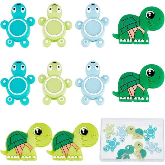 1box 1 Box 10Pcs Animal Silicone Beads Turtle Beads Tortoise Silicone Animals Green Flat Chunky Loose Spacers for Jewelry Making Supplies Pen Decor Beading Lanyard Keychain Craft