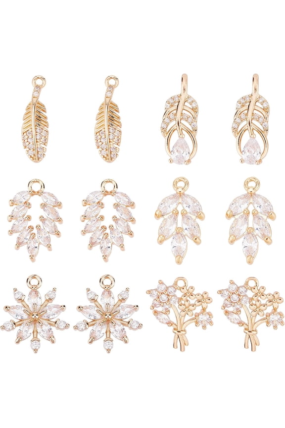 1box 1 Box 12Pcs Cubic Zirconia Charms Feather Charm Micro Pave Rhinestone Long Lasting Plated Brass Leaves Charms for Jewelry Making Charm Spring Season Wedding Earrings DIY Clear DIY