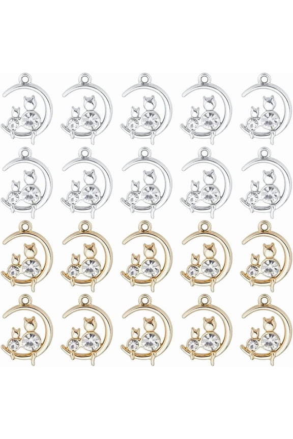 1box 1 Box 36Pcs Cat on Moon Charm Silver Crescent Moon Charms Bulk Cute Kitty with Rhinestone Alloy Gold Half Moon Cat Charms DIY