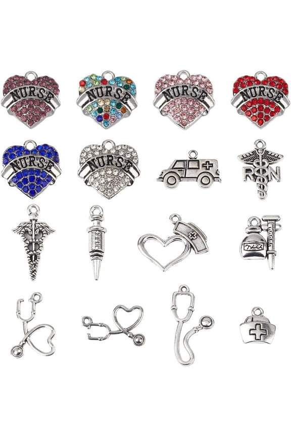 1box 1 Box 46Pcs 16 Style Medical-Themed Charms Nurse Charm Bulk Tibetan Style Medical-Themed Charm Stethoscope Ambulance Syringe Nurse Cap Charms DIY
