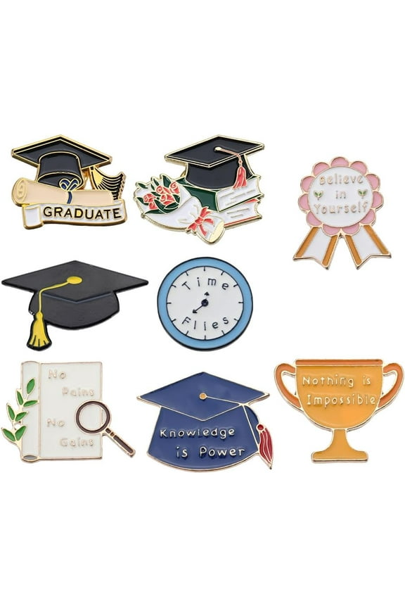 1box 1 Box 8Pcs Graduation Enamel Pins Alloy School Pin Bulk Kindergarten Preschool Class Clock Book Trophy Graduate End of The Year Lapel Pins for Bag Backpack Clothes Hat Teachers Students Gift