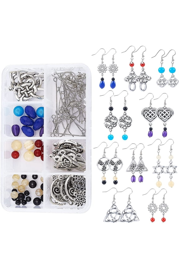 1box 1 Box DIY 10 Pairs Trinity Celtic Knot Earrings Making Kit Flower of Life Connector Charms Acrylic Beads Jewellery Making Craft for Beginners Women Adults Silver Colorful