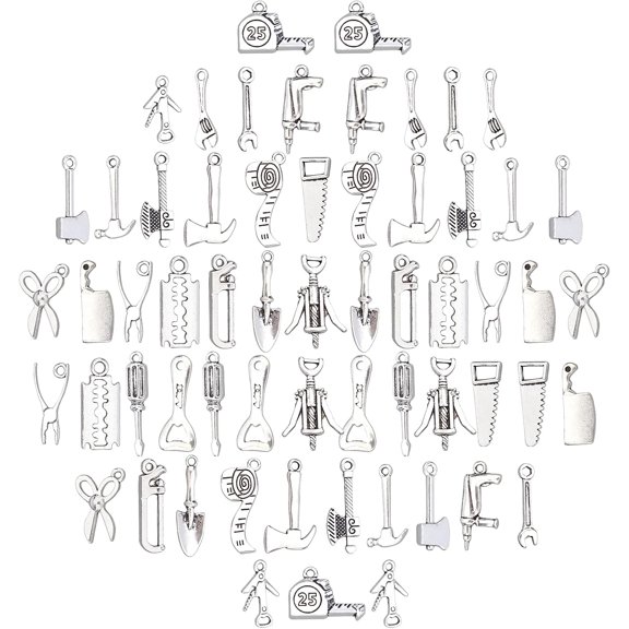 1box 1 Box Home Tools Charms Alloy Pendants Tibetan Style Miniature Scissor Hammer Bottle Opener Nail Drawer with Hole for Crafting Jewelry Making Accessory DIY Silver Silver