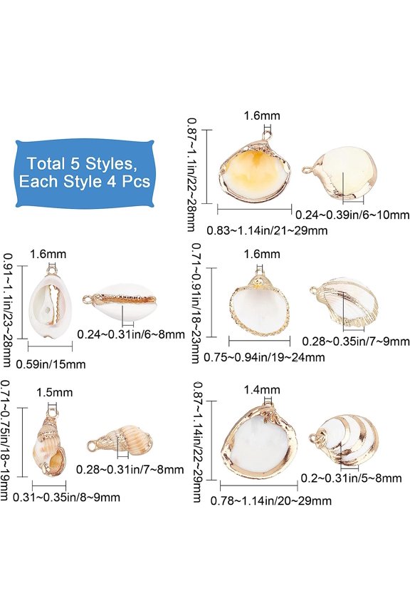 1box 1 box 20pcs 5 styles Freshwater Shell Ocean Beach Cowrie Seashells Pendants Conch Jewellery Charm Dangles for Necklace Bracelet Earring Making Home Beach Theme Party Decor