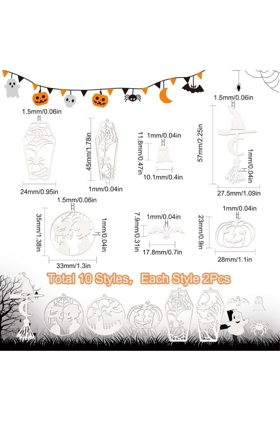 1box 1 box 20pcs Halloween Stainless Steel Spider Skull Charm Double Sided Bat Spooky Ghost Charm Witch Hat Wizard Broom Pumpkin for Jewelry Making Charm Earrings Craft