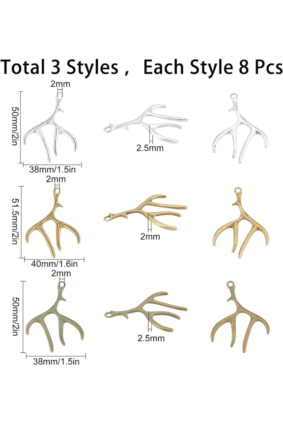 1box 1 box 24pcs 3 colors Christmas Deer Antler Bulk Winter Alloy Elk Pendants Antique golden Sliver Bronze Antler for Jewelry Making Crafts Keychain Finding Accessories
