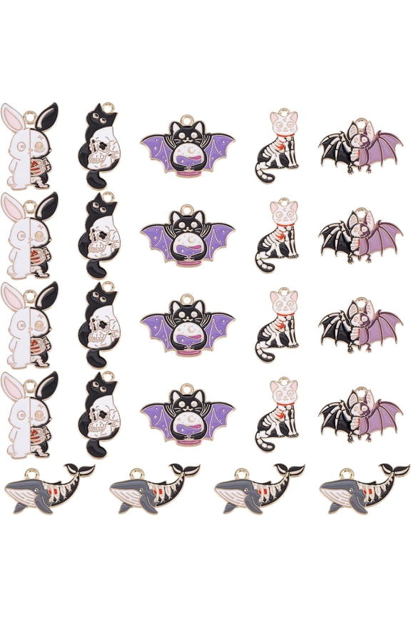 1box 1 box 24pcs 6 style Gothic Enamel Skull Skeleton Bone Charm Rabbit Cat Cute Magic Charm for Jewelry Making Women Earrings Bracelet Necklace Crafts