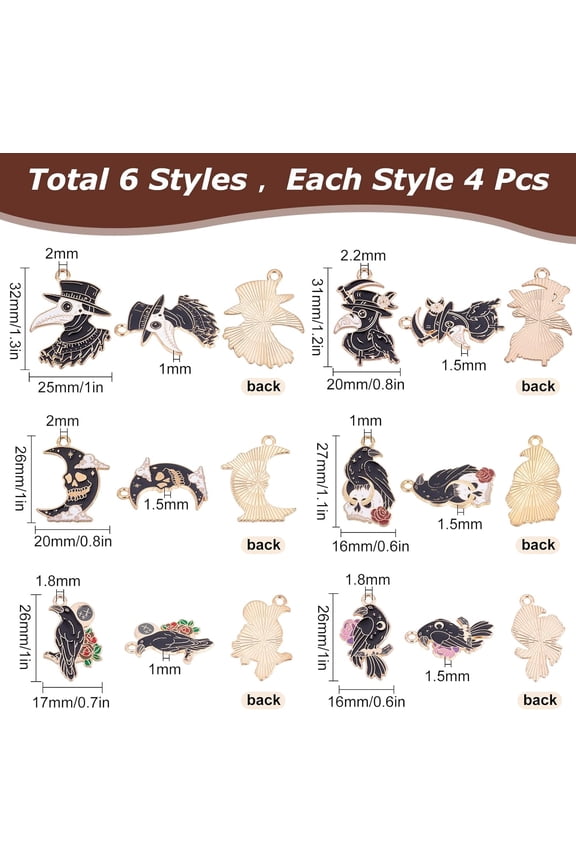 1box 1 box 24pcs 6 styles Halloween Gothic Raven Enamel Charm Raven Gothic Pendants Halloween Theme Black Skull Moon Pendants for Jewelry Making Necklace Bracelet Earring
