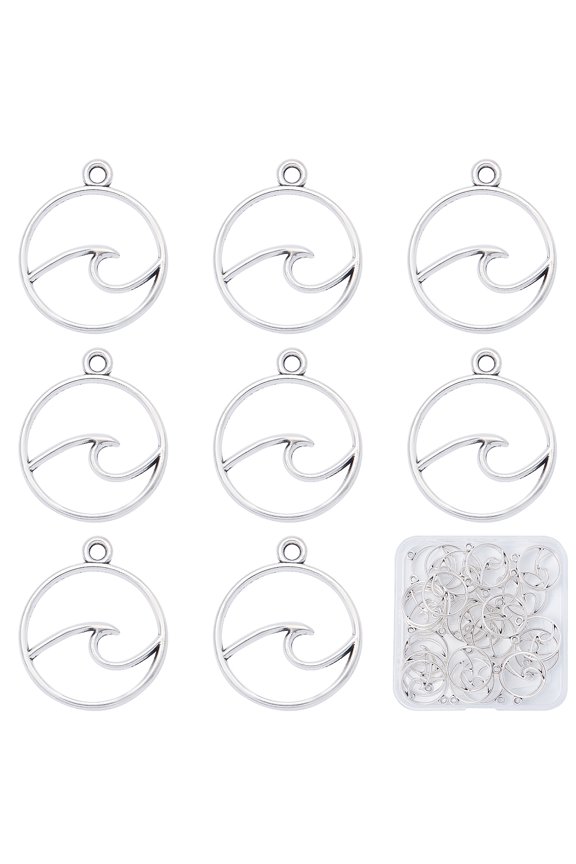 1box 1 box 30pcs Alloy Wave Charms Silver Ocean Waves Charm Bulk Round Openwork Sea Surfer Charm for Jewellery Making Charms DIY Beach Summer Hawaii Necklace Bracelet Earring Women Beginner Adult