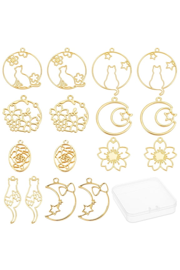 1box 1 box 32pcs 8 styles Alloy Open Back Bezel Pendants Moon Star Flat Round with Cat Flower Hollow Frame Charms for UV Resin Crafts Jewelry Making