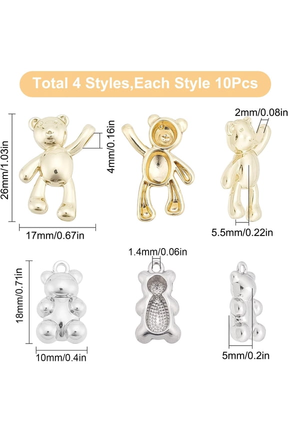 1box 1 box 40pcs 4 style Bear Teddy Bear Charm Kawaii Lucky Animal Charm Bears Charm for Jewellery Making Bracelet Necklace Earring Gift Decoration Women Adult Craft Supplies