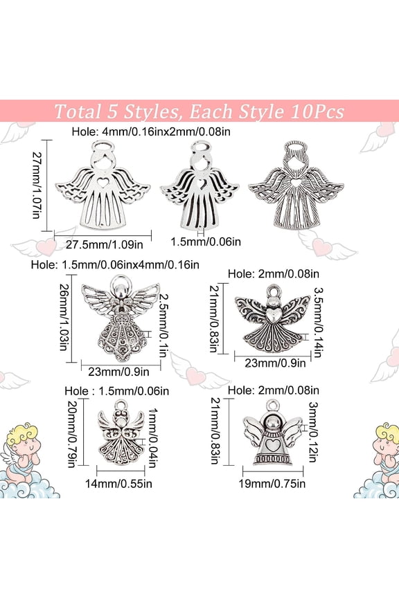 1box 1 box 50pcs 5 style Guardian Angel Angel Wing Bless Lucky Charm Fairy Wing Tibet style Alloy Fairy Charm for Jewelry Making Craft Bracelets Necklace Earrings Women