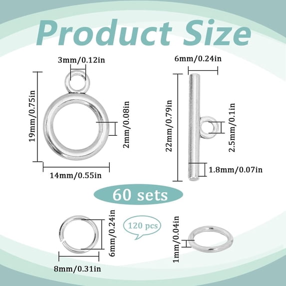 1box 1 box 60 sets Bracelet Toggle Clasps and Closures Toggle Jewelry Clasps Alloy Silver t-Bat Connector Clasp with Open Jump Rings for Jewelry Making Necklace Bracelets Supplies Craft