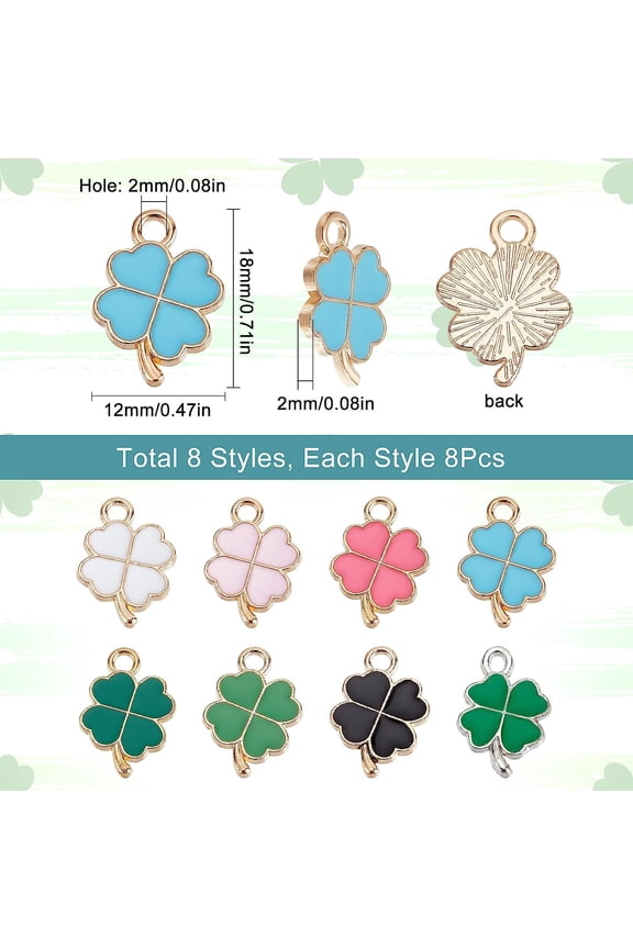 1box 1 box 64pcs 8 colors St Patrick Day Four Leaf Clover Charm Enamel Shamrock Irish Saint Patricks Green Leaves for jewellery Making Charm Earrings Bracelets Supplies
