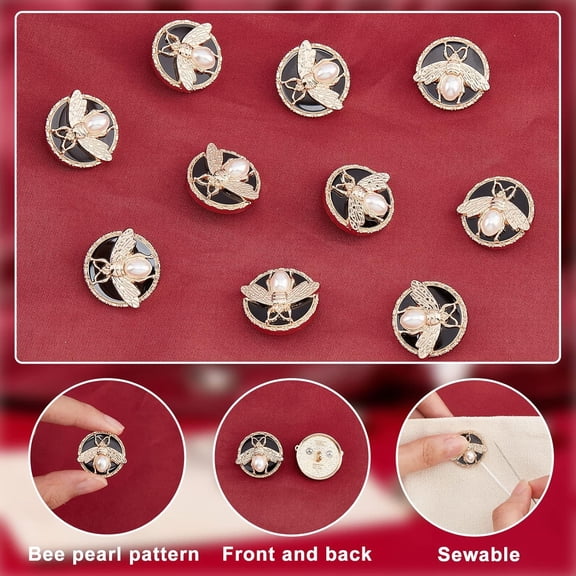 1box 10 pcs Bee Round Metal Button 3D Bee with Pearl Alloy Enamel Shank Buttons for Craft Button Sewing Suit Uniform Coat Decoration Trousers Accessories