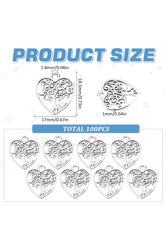 1box 100pcs Alloy Pendants Heart with Tree Pattern Charm Antique Silver 18.5x17x1mm Hole: 1.6mm
