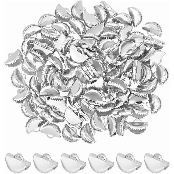 1box About 100pcs Ribbon Crimp Ends Sectorial Bracelet Crimp Clasps 7.5x10mm 304 Stainless Steel Crimp Cord Ends with Loop Half Round Ribbon Fasteners Clasp for Jewellery Making