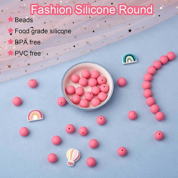 1box 100pcs Silicone Beads Round Rubber Bead 15MM Loose Spacer Beads for Supplies Jewelry Keychain Making Hot Pink 15mm