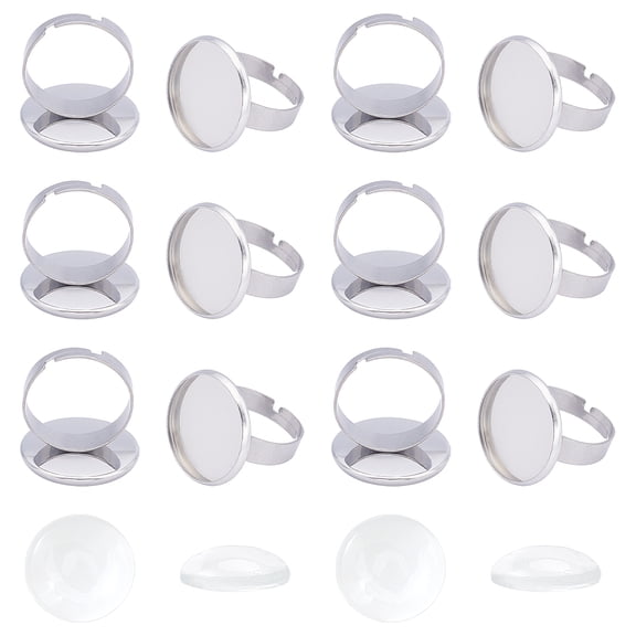 1box 102pcs DIY 304 Stainless Steel Adjustable Finger Ring Making Kits Including Pad Ring Base Findings and Transparent Glass Cabochons Stainless Steel color Size 7 17.5mm Tray: 18mm Stainless Steel