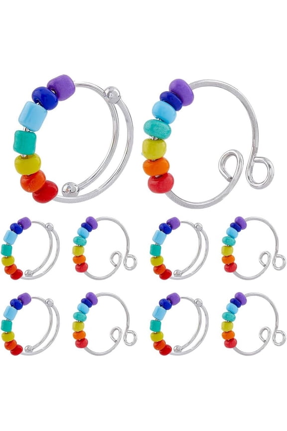 1box 10Pcs 2 Styles Rainbow Rotating Open Cuff Rings Adjustable Personalized Wrap Ring Rotatable Bead Rings Fidget Ring for Anxiety Rainbow Spinner Beads Ring US Size 8 3/4 Colorful DIY