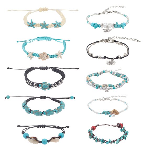 1box 10pcs 10 style Turquoise & Shell & Seed Bead Bracelet & Anklet Boho Alloy Starfish Ocean Theme Jewelry set for Women Mixed color Inner Diameter: 3~9cm 1pc/style