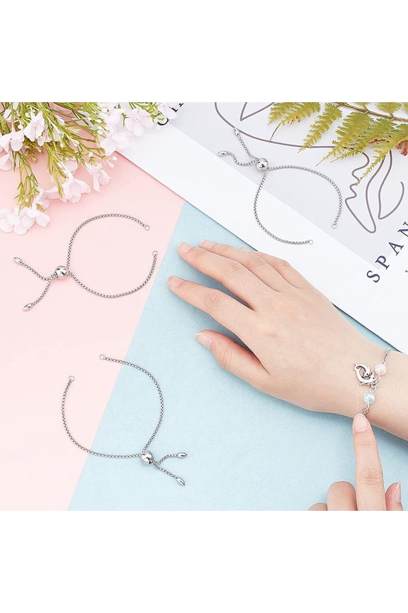 1box 10pcs 304 Stainless Steel Slider Bracelet Making box Chains Loops Fit for Connector Stainless Steel color 10-5/8 inch(27cm)