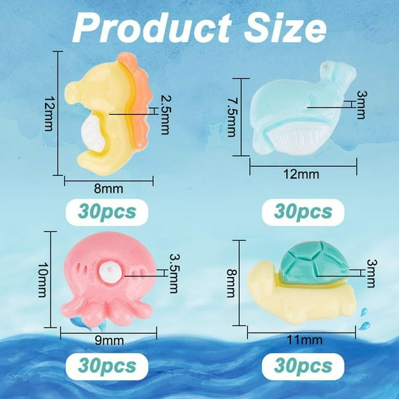 1box 120pcs 4 style Luminous Resin Cabochons Glow in the Dark Nail Art Decoration Accessories for Women Sea Horse & Dolphin & Sea Turtle & Octopus Mixed Patterns 7.5~12x8~12x2.5~3.5mm 30pcs/style