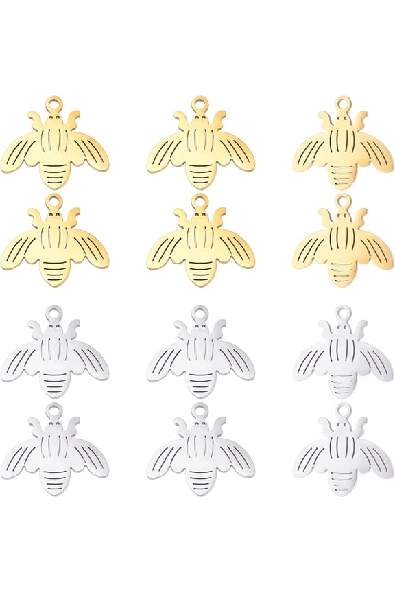 1box 12pcs 2 colors 201 Stainless Steel Pendants Laser Cut Pendants Bee Mixed color 15x17x1mm Hole: 1.2mm 6pcs/color