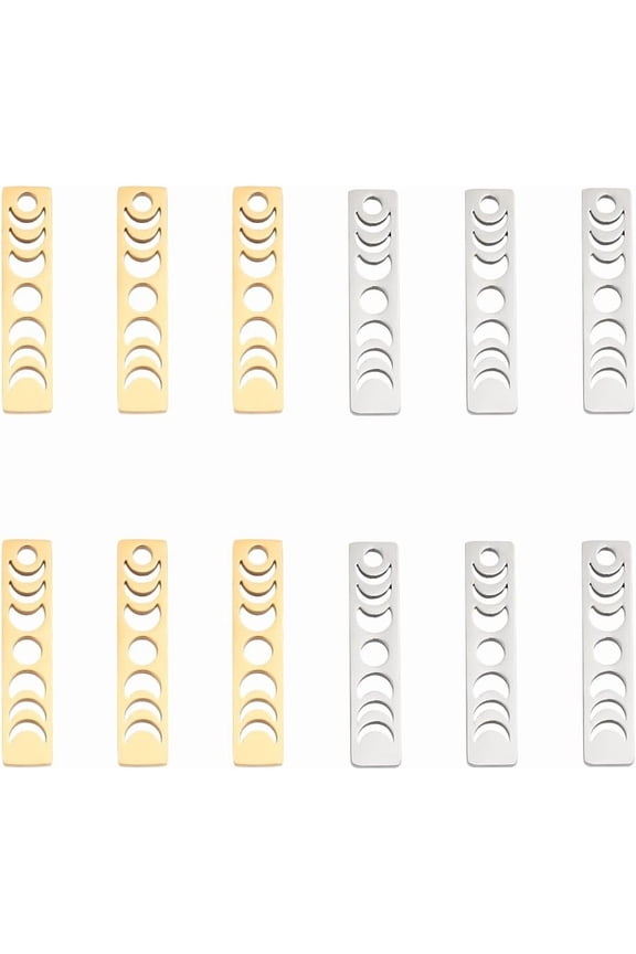 1box 12pcs 2 colors Moon Phase Rectangle 201 Stainless Steel Moon Phase Pendants 26mm Crescent Moon Bar Hypoallergenic Metal Necklace Pendants for Jewelry Making