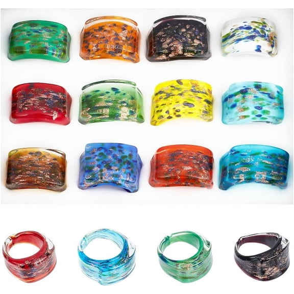 1box 12pcs Colorful Glass Rings 17~19mm Inner Handmade Sand Lampwork Wide Band Ring Dome Knuckle Finger Ring Retro Glass Mixed Color Transparent Vintage Jewelry Party Handmade Gift 1box