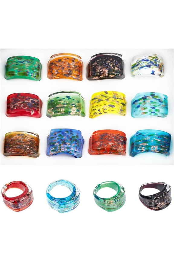 1box 12pcs Colorful Glass Rings 17~19mm Inner Handmade Sand Lampwork Wide Band Ring Dome Knuckle Finger Ring Retro Glass Mixed Color Transparent Vintage Jewelry Party Handmade Gift 1box