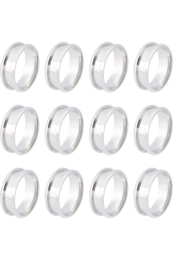1box 12pcs Size 10 Stainless Steel Grooved Finger Ring with Velvet Pouches Blank Core Ring Round Empty Ring for Inlay Ring Jewelry Wedding Band Making