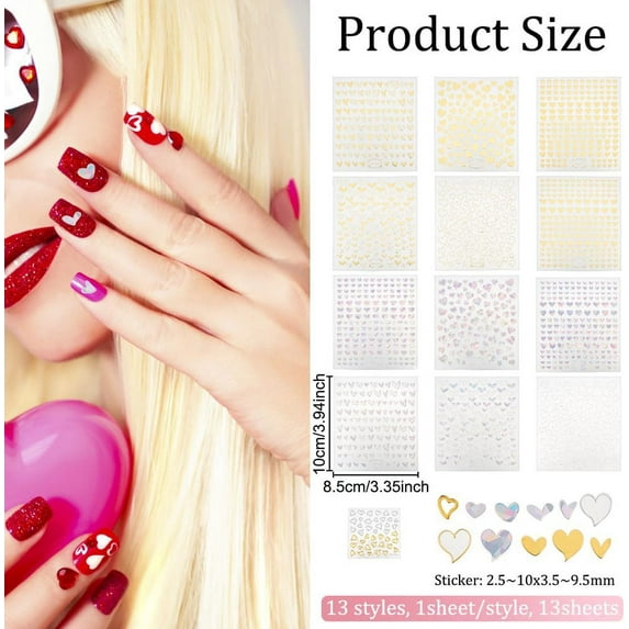 1box 13 Sheets 13 style 3D Bronzing/Laser Heart Pattern Nail Art Sticker Self-Adhesive Nail Art Decals for Women Nail Decoration Mixed color 10x8.5x0.03cm Sticker: 2.5~10x3.5~9.5mm 1 sheet/style