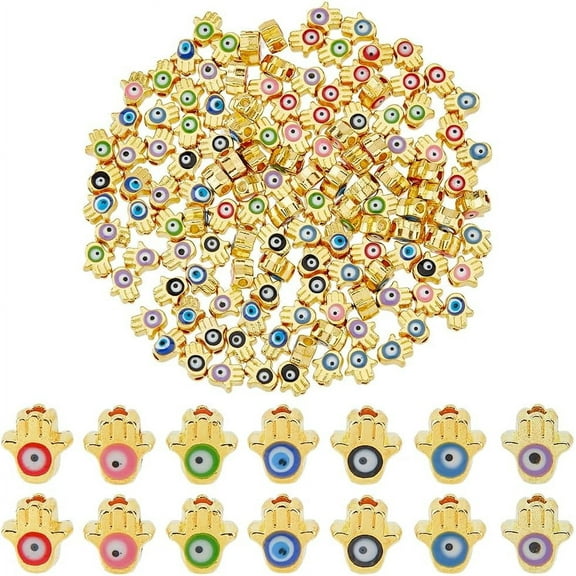 1box 140pcs 7 colors Alloy Enamel Beads Golden Hamsa Hand/Hand of Miriam with Evil Eye Mixed color 7x7x4mm Hole: 1.6mm 20pcs/color