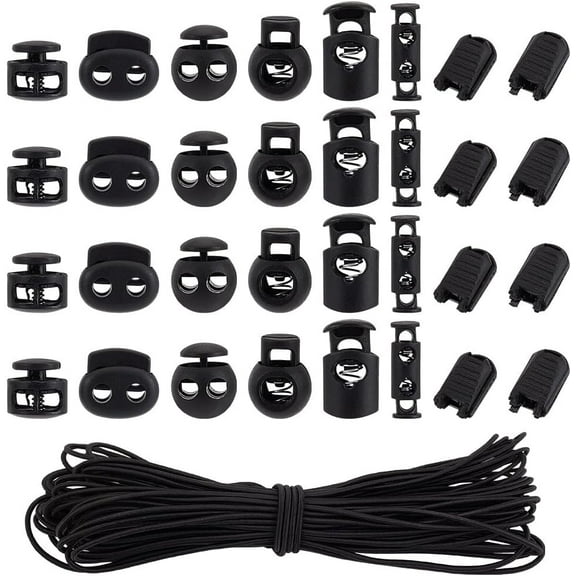 1box 140pcs 7 styles Plastic Spring Cord Locks with 20M Polyester Elastic Cords Black 3~27x3~23.5x3~18mm Hole: 4~6x4~6.5mm
