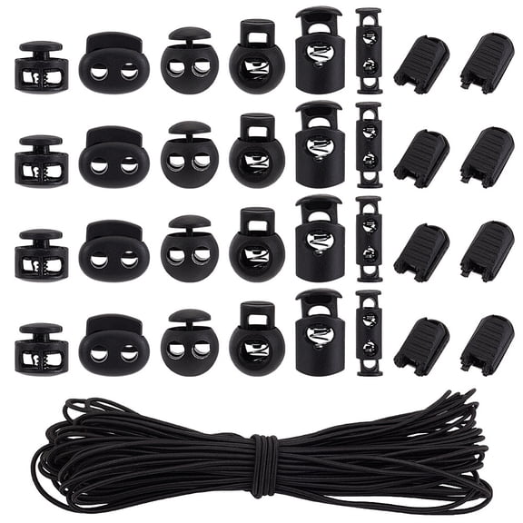 1box 140pcs 7 styles Plastic Spring Cord Locks with 20M Polyester Elastic Cords Black 3~27x3~23.5x3~18mm Hole: 4~6x4~6.5mm