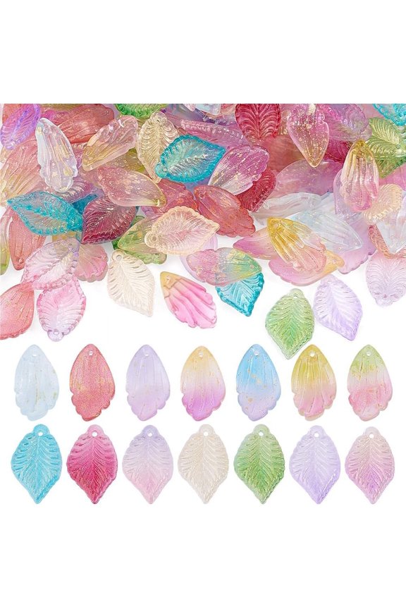 1box 140pcs Glass Leaf Beads 14 colors Leaf Shape Crystal Beads Czech Glass Tree Leaf Beads Spray Painted Leaf Glass Pendants Colorful Leaf Bead for for Necklaces Bracelet DIY Jewelry Making