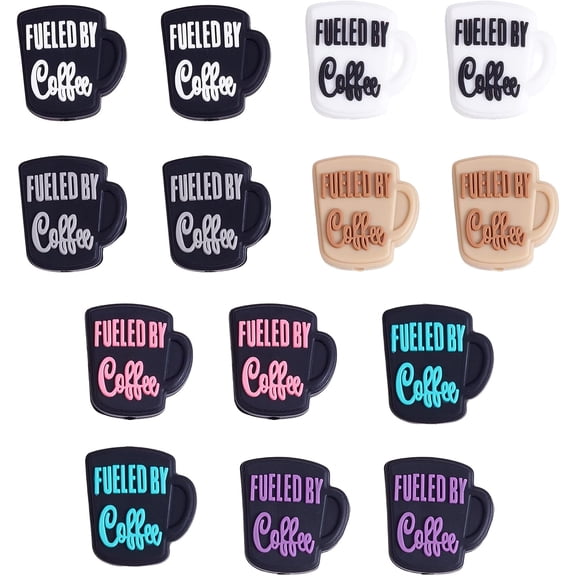 1box 14pcs 7 colors Silicone Focal Beads Coffee Cup with Word Fueled by Coffee Mixed color 28.5x24x8mm Hole: 2.5mm